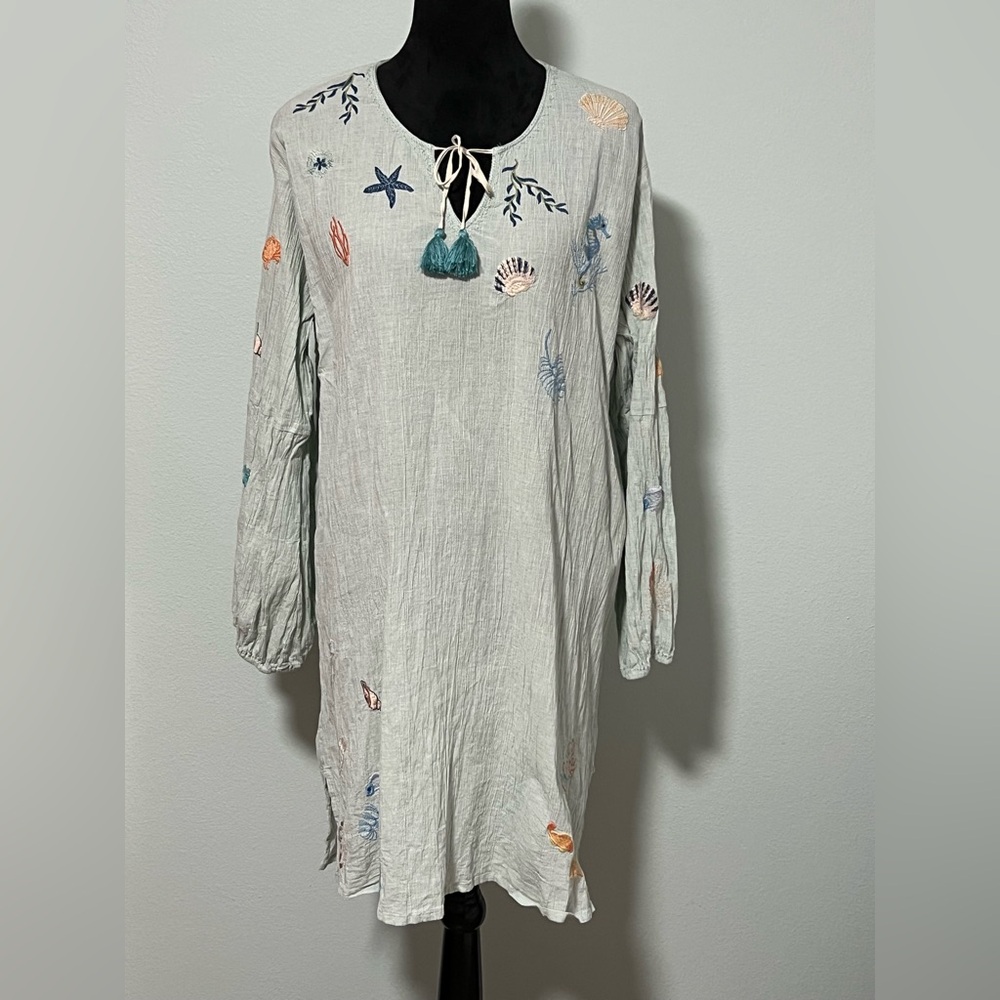 JOHNNY WAS Long Sleeve Crinkle Beachy Embroidered Dress/Cover Up- M